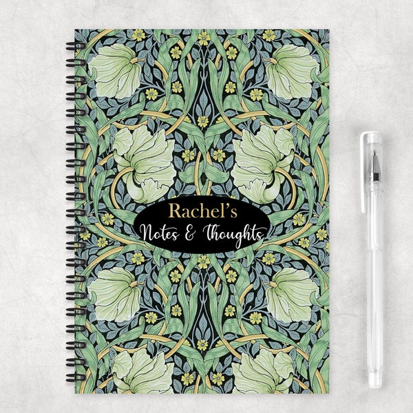 Personalised A5 Notebook William Morris Pimpernel Green Art Nouveau Print, Yellow Vintage Floral,Refillable Planner,Stationery Gift,Teacher