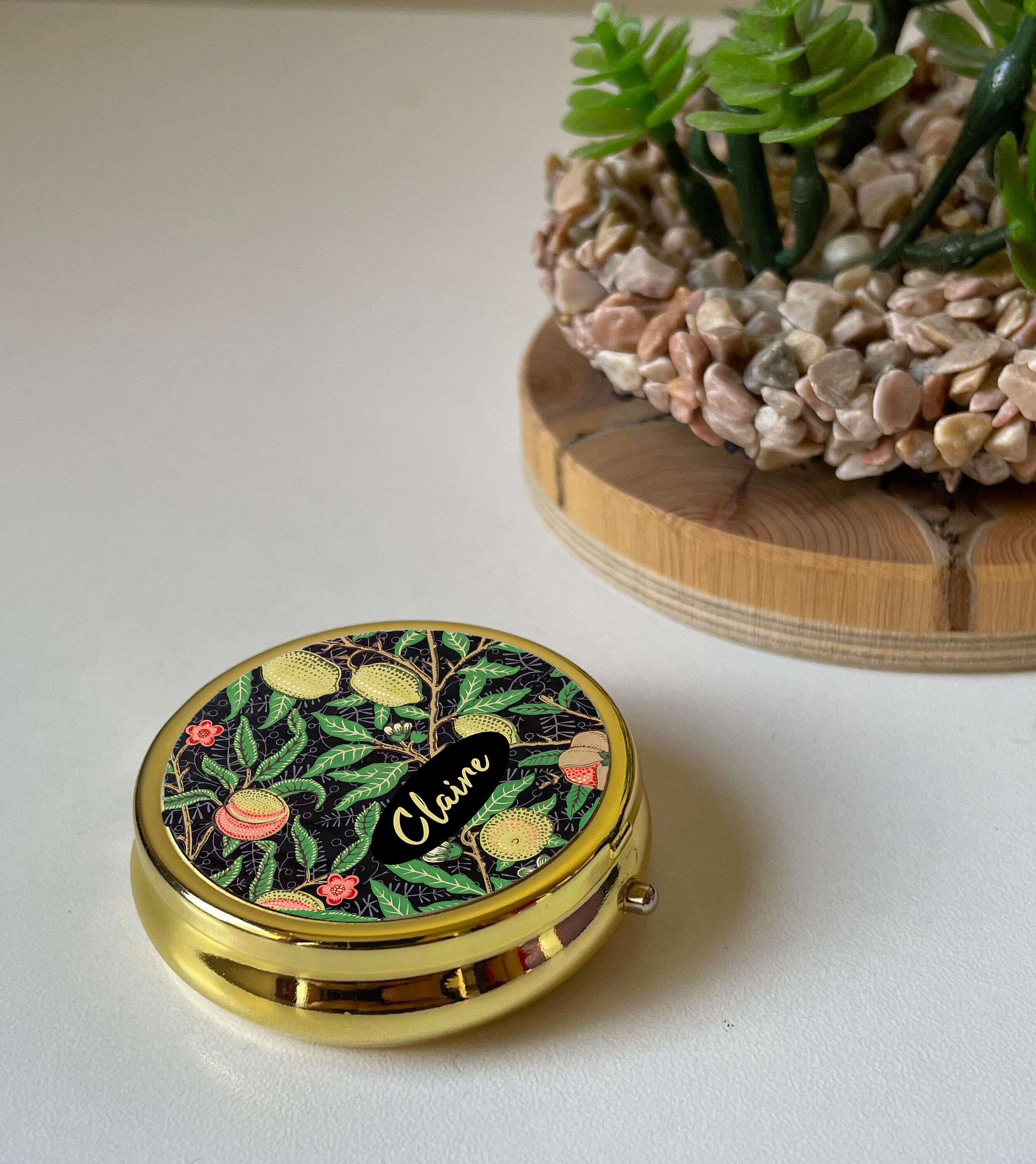 Pomegranate Black Personalised Pill Box,William Morris Round Gold Stud Case,Keepsake Gift Friend,Mum,Art Nouveau,small Bead box,Christmas