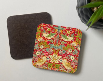 Coaster Set in William Morris Strawberry Thief Print, Victorian style Tableware,Red Birds Art Nouveau Barware,Wooden Desk Decor Vintage Gift