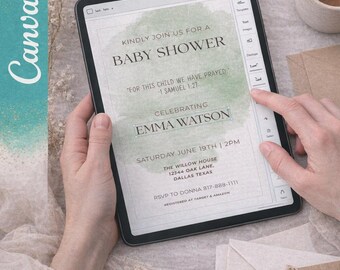 Editable Baby Shower Invitation Template | Neutral Watercolor Minimalist Invite (Digital Download)