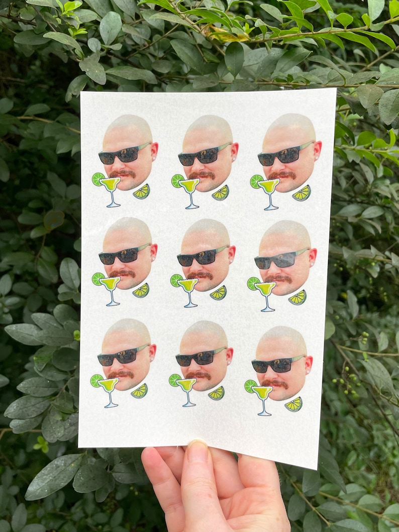 May include: Nine stickers featuring a cartoon illustration of a man with a mustache wearing sunglasses and holding a margarita. Each sticker has a lime wedge and a margarita glass.