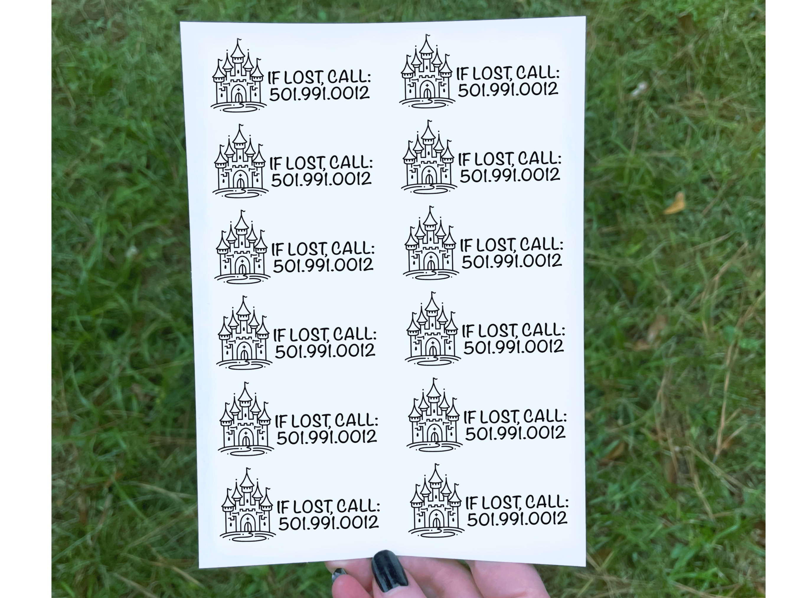 12 Child Safety Tattoos, Easy to Read Text, Phone Number, Princess Castle
