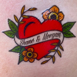 8 Heart Name Tattoos, Custom Temporary Tattoo Sheet, Traditional Heart Tattoo, Bach Party, Wedding Favors