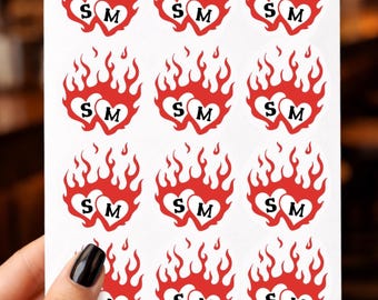 12 Flame Heart Tattoos, Initials, Bride and Groom, Custom Wedding Tattoos, Bach Party, Wedding Favor, Trending