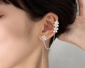 Flower 925 Sterling Silver Ear Cuff, Floral threader earrings, Handmade Women Jewelry, Silver Earrings, Drop Flower Ear Clip, Dangle Earring