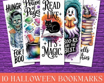 Pacchetto di segnalibri di Halloween per bambini in formato PDF stampabile, kawaii fantasma gatto zucca PNG, bomboniera per feste di Halloween, download digitale del club del libro per bambini