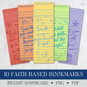 Puede incluir: Un conjunto de diez marcadores de libros religiosos en varios colores, incluyendo rojo, naranja, amarillo, verde y morado. Cada marcador presenta una cita inspiradora diferente y elementos decorativos como corazones y estrellas. El texto "10 Faith Based Bookmarks" se muestra en la parte inferior.