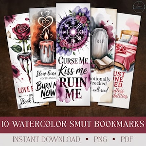 May include: A set of ten watercolour bookmarks with diverse designs. The bookmarks display images of a rose, a candle, a mystical symbol, a tombstone, and a bed. Text includes phrases such as "Curse Me" and "Burn Now".