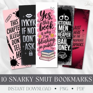 May include: A set of ten rectangular bookmarks with various designs and text. The bookmarks feature pink, black, and red backgrounds with white text and illustrations. The text includes phrases like "This chapter is illegal," and "Yes, this book is why I'm blushing in public."