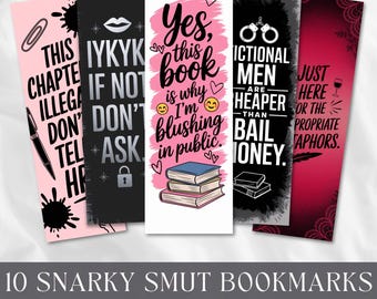 May include: Ten rectangular bookmarks with humorous text and designs. The bookmarks have pink, black, and red backgrounds with white text and illustrations. The text includes phrases such as "IYKYK if not don't ask" and "Fictional men are cheaper than bail money."