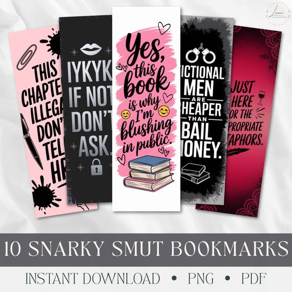 Smut Bookmark PNG, Spicy Book Lover Printable Pdf, Romantasy Sublimation Party Favor, Junk Journal Fussy Cuts Book Club Digital Download
