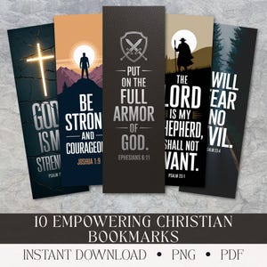 May include: A set of ten Christian bookmarks with inspirational quotes and imagery. Each bookmark features a unique design with text like "God is Strength" and "Be Strong and Courageous." The bookmarks are available for instant download in PNG and PDF formats.