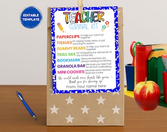 Bearbeitbares Lehrer-Überlebenskit Druckbare PDF-Datei, Zurück in der Schule Geschenk, Woche der Lehreranerkennung, Lehrer im ersten Jahr, Danke Digitaler Download