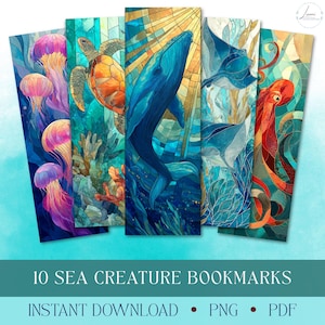 以下が含まれることがあります： 鮮やかな海洋生物のイラストが特徴の、10個の海の生き物ブックマークのセット。クラゲ、ウミガメ、クジラ、マンタ、タコのデザインが含まれています。ブックマークはステンドグラス風で、「10 SEA CREATURE BOOKMARKS」の文字が入っています。