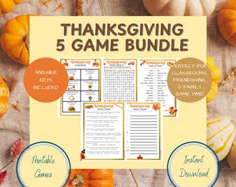 May include: A Thanksgiving-themed game bundle with five printable games, including charades, word search, and trivia. The bundle features a light yellow background with orange and blue circular accents. The text "Thanksgiving 5 Game Bundle" is prominently displayed.
