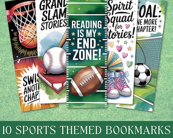 May include: Ten sports-themed bookmarks with illustrations of a basketball, baseball, football, soccer ball, and sneakers. Each bookmark features a different sports-related phrase, such as "Reading is my End Zone!" and "Spirit Squad for Stories!"