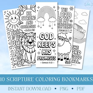 10 Bible Verse Coloring Bookmarks, Inspirational Uplifting Kids Faith-Based Youth Group Craft, Sunday School Printable Scripture Pdf Bundle