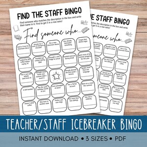 Puede incluir: Dos hojas de juego imprimibles blancas "Find the Staff Bingo" con texto negro. El juego está diseñado como un rompehielos para profesores/personal. La parte inferior de la imagen tiene el texto "Teacher/Staff Icebreaker Bingo" e "Instant Download - 3 Sizes - PDF".