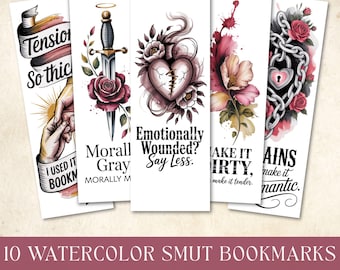 May include: Set of ten watercolor bookmarks with various designs. Each bookmark features unique artwork, including a dagger with a rose, a broken heart, and chains with a lock. Text includes phrases like "Tension So Thicc" and "Emotionally Wounded? Say Less."