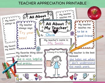 Personal Teacher Appreciation Gift PDF, Printable All About My Teacher, Coloring Pages School Kids Instant End Of Year Gift Digital Download