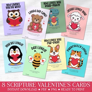 May include: A set of eight scripture Valentine's cards featuring adorable animal illustrations. Each card showcases a different animal, such as an owl, bear, dinosaur, lamb, penguin, bee, dog, and cat, holding a heart and a related Bible verse. Ready to print.