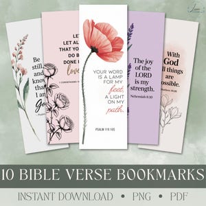 10 Bible Verse Bookmarks Printable Pdf Bundle, Inspirational Uplifting Faith-Based Bible Study Gift, Minimalist Floral Digital Download