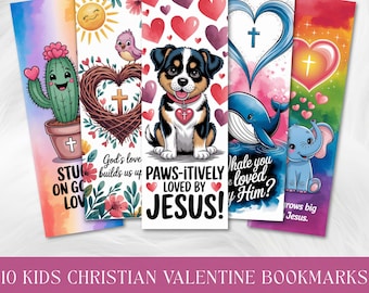 10 Children's Valentine Bookmarks, Inspirational Uplifting Faith-Based Youth Group Gift, Christian Sunday School Printable Pdf Bundle