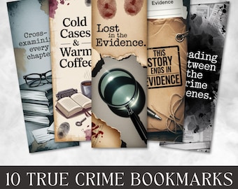 Puede incluir: Diez marcadores de libros de crímenes reales con varios diseños. Cada marcador presenta texto e ilustraciones relacionadas con escenas del crimen, pruebas e investigaciones. Los marcadores tienen una estética de papel envejecido, con textos como "Cold Cases & Warm Coffee" y "Lost in the Evidence."