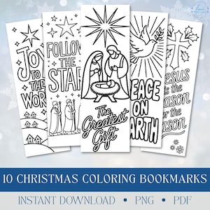 May include: A set of ten Christmas coloring bookmarks with various holiday-themed designs. Each bookmark features black and white line art with phrases like "Joy to the World" and "Peace on Earth." The bottom banner reads "10 Christmas Coloring Bookmarks."