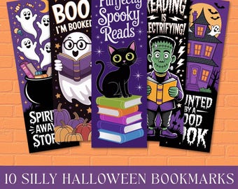 Pacchetto di segnalibri di Halloween per bambini in formato PDF stampabile, kawaii fantasma gatto zucca PNG, bomboniera per feste di Halloween, download digitale del club del libro per bambini