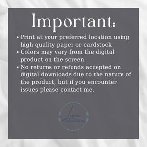 May include: A gray background with white text that reads "Important:" followed by bullet points about printing, color variations, and returns. The Lumi Custom Creations logo is at the bottom.