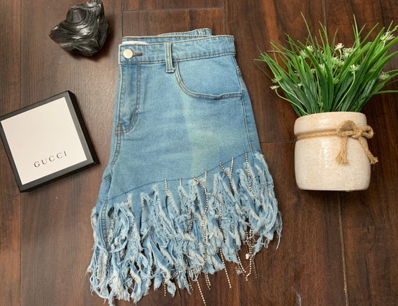 Fringe Rhinestone Denim Shorts | Etsy 
