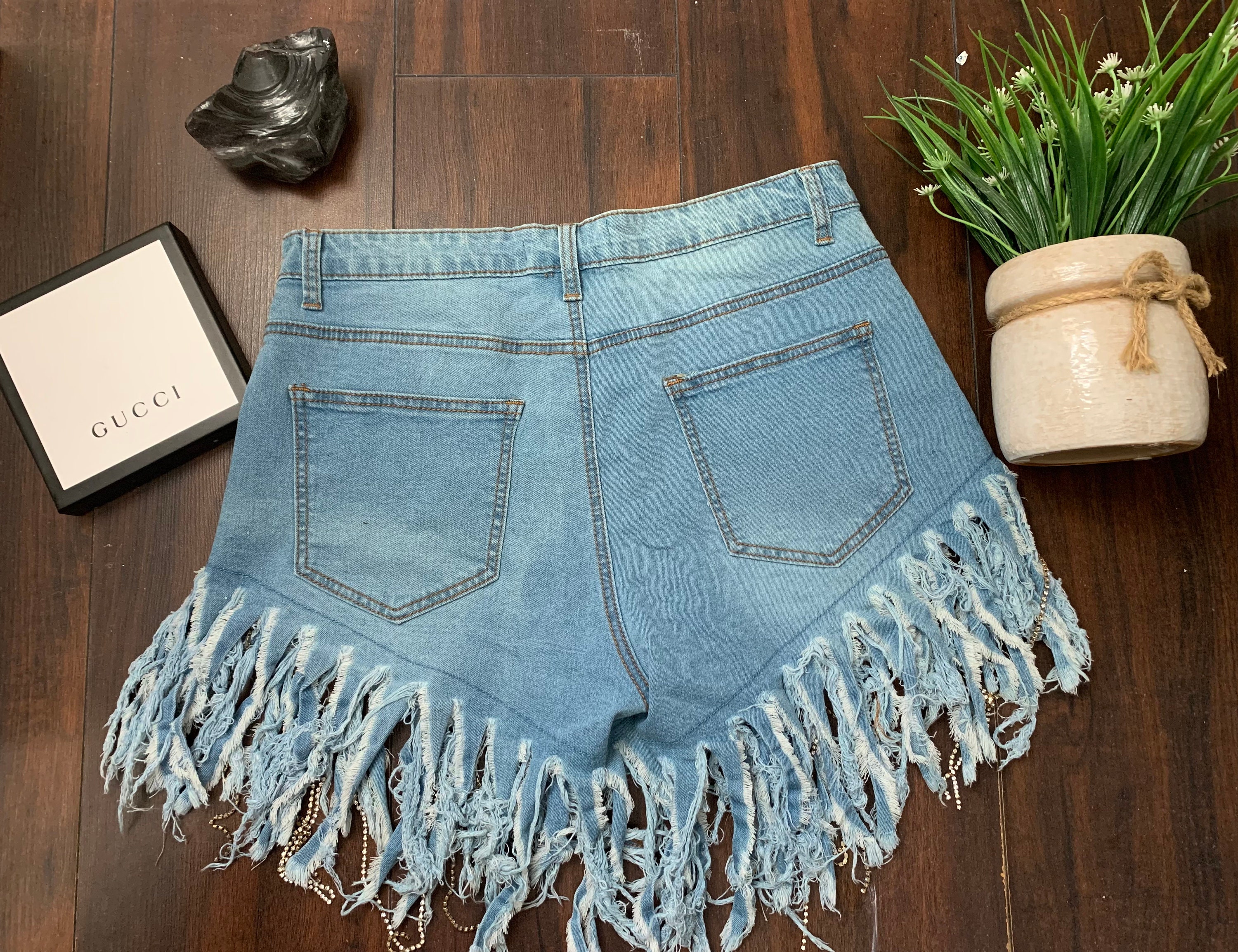Fringe Rhinestone Denim Shorts | Etsy 