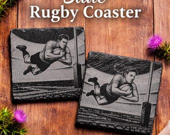 Engraved Slate Rugby Coaster Set, Rugby Player Design, Sports Fan Gift