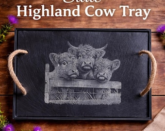 Slate Highland Cow Serving Tray, Engraved Farm Animal Rope Handle Décor