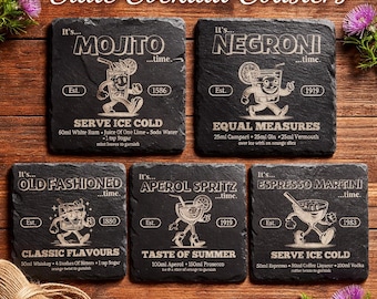 Natural Slate Cocktail Coasters Set, Classic Drink Recipes, Bar Accessories