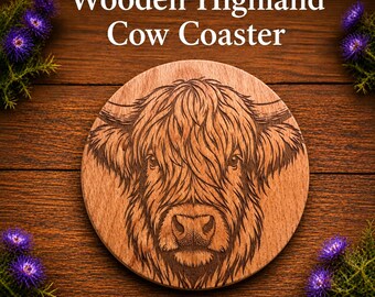 Highland cow coaster, round coasters, wooden coasters, highland cow gifts, highland cow décor, home decore