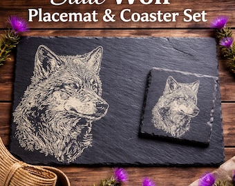Slate Wolf Placemats & Coasters, Engraved Wildlife Tableware, Rustic Dining Décor, Wolf Lovers gift