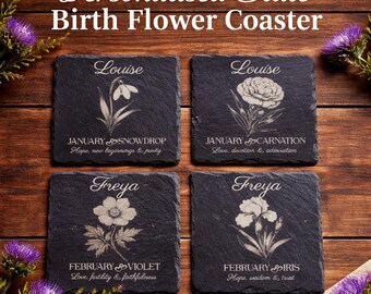 Personalised Slate Birth Flower Coaster, Custom Name Coaster, Floral Design, Birthday Gift, Unique Keepsake