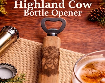 Highland Cow Bottle Opener, Wooden Bar Tool, Engraved Cow Gift, Rustic Kitchen Accessory