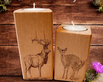 Wooden Deer Tealight Candle Holders, Rustic Stag Candle Holder Set, Woodland Home Décor