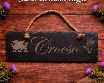 Slate Croeso Sign, Welsh Dragon Daffodil Home Décor, Rustic Twine Hanging