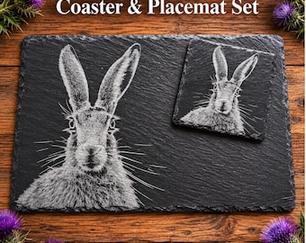 Engraved Hare Slate Placemat and Coaster Set, Rustic Farmhouse Kitchen Décor
