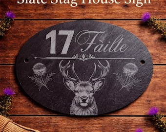 Plaque de bienvenue personnalisée cerf en ardoise, plaque de maison écossaise, décoration d'intérieur rustique des Highlands