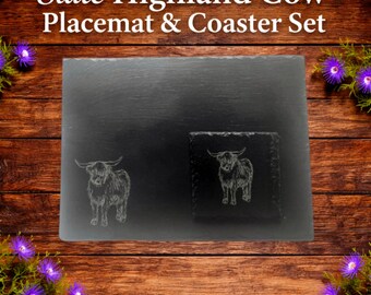 Highland Cow Slate Placemat Coaster Set, Scottish Countryside Kitchen Decor