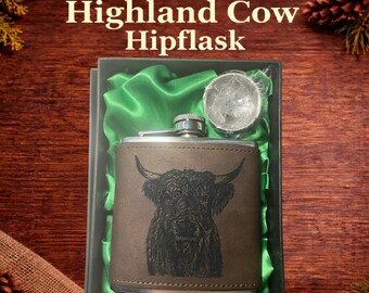 Flasque personnalisée Highland Cow, flasque à whisky en cuir gravé, cadeau vache