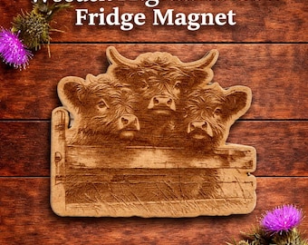 Wooden Highland Cow Fridge Magnet, Three Cows Engraved, Farmhouse Decor, Scotland Made