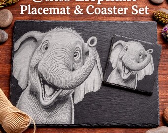Set de table et sous-verres éléphant en ardoise, vaisselle éléphant gravée, cadeau pour amoureux des animaux