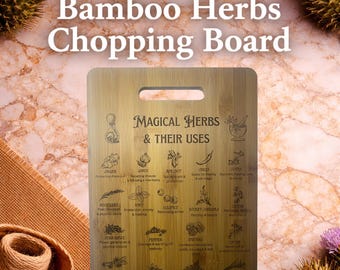 Bamboo Herb Chopping Board, Magical Herbs Guide, Witchy Kitchen Decor