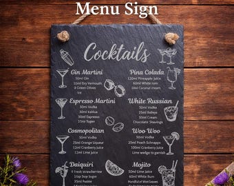 Slate Cocktails Sign, Engraved Drinks Board, Cocktail Recipe Wall Plaque, Home Bar Décor,
